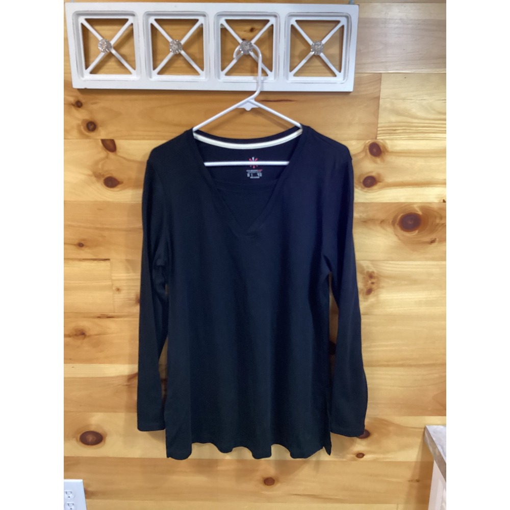 Isaac Mizrahi Essentials Women Black Pima Cotton V-Neck Long Sleeve Top L